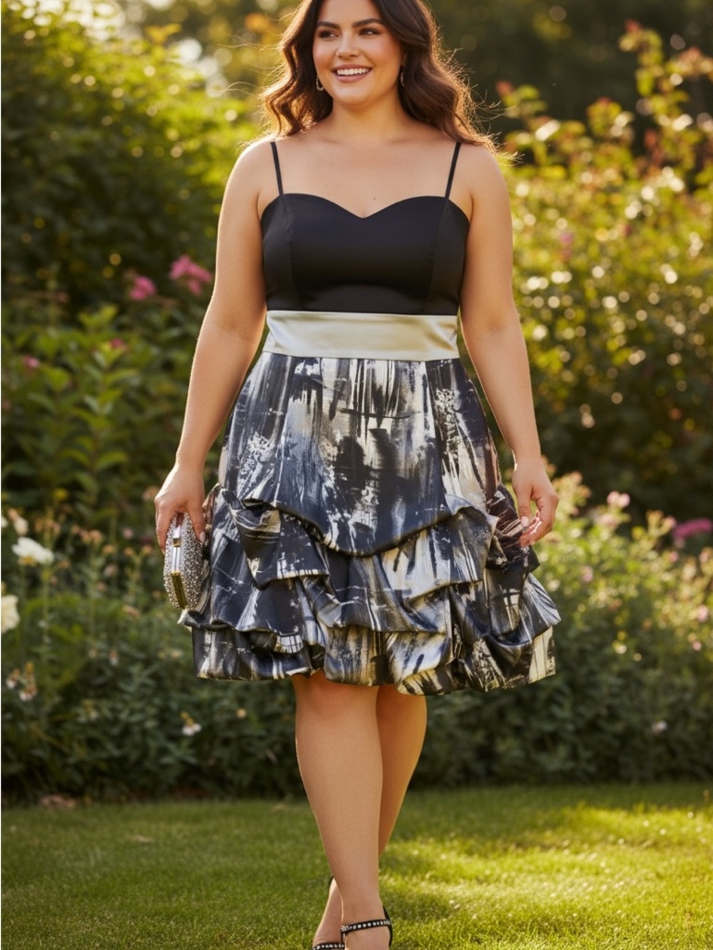 Ruby Rox Black Bodice Metallic Print Ruffle Skirt